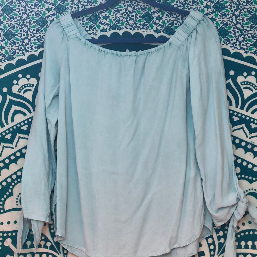 off the shoulder baby blue top